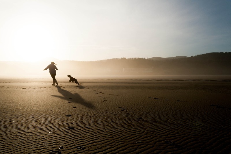 Dog and human running down the beach during a sunset. Coping with the loss of a pet.