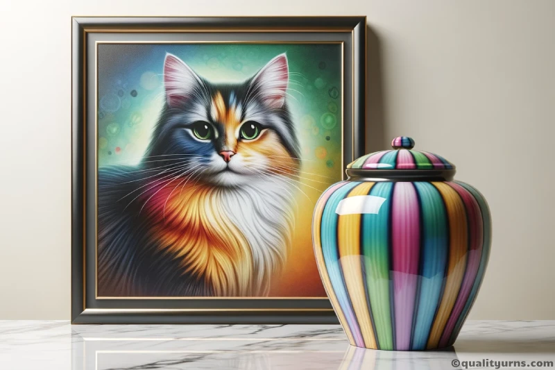 Image of a colorful shiny cat urn next to a framed picture of a cat. Best Pet urns for cats.
