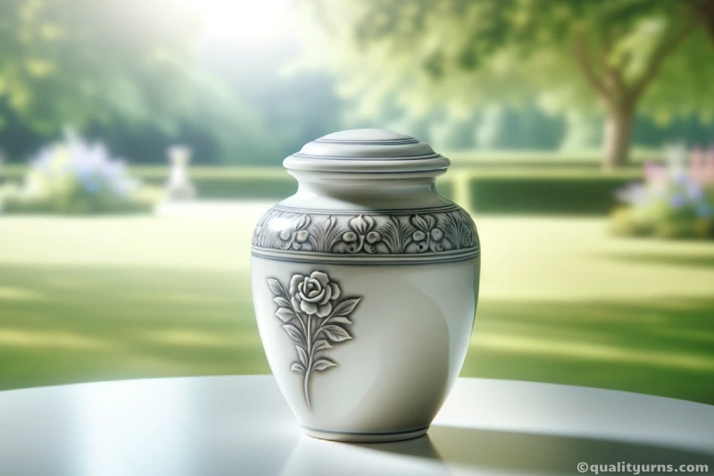 Photo of an urn on a white table with garden background. Urns for Human Ashes.