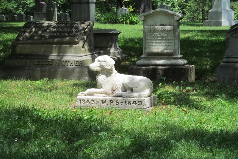 Statue of a dog headstone on grass on a bright day. Coping with the death of your pet
