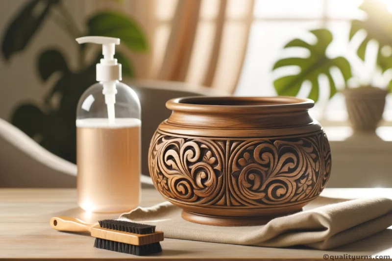 Photo of a wooden urn placed on a clean table with a soft cloth next to it and a bottle of wood cleaner. How to clean a wooden urn.