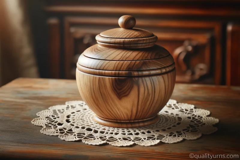 Photo of round, wooden urns for human ashes, carved from oak with a smooth polished surface, sitting atop a lace doily on a vintage wooden table.
