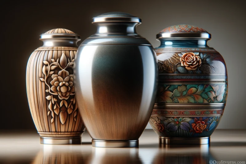Image of three cremation urns for ashes, each with a distinct design. The first is a carved wooden urn, the second a sleek metal urn, and the third a hand-painted ceramic urn.