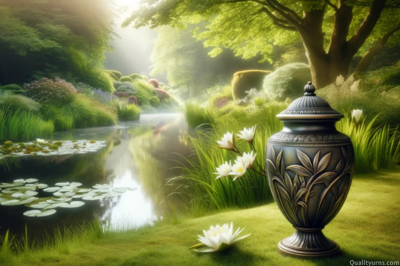 Image of a classic garden urn by a serene pond, surrounded by lilies and soft grass, with sunlight filtering through trees. Garden urns for ashes.