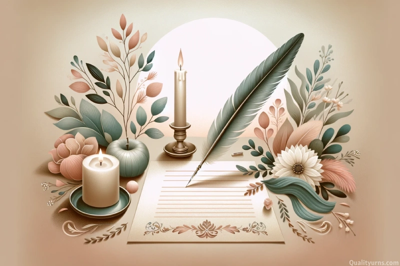 Image representing pre planning funeral checklist, featuring a feather quill resting on parchment, a softly glowing candle, and delicate floral accents